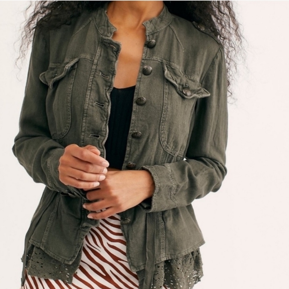 Free People Emilia Military Lace Trim Boho Jacket Bitter Olive Green Size Small